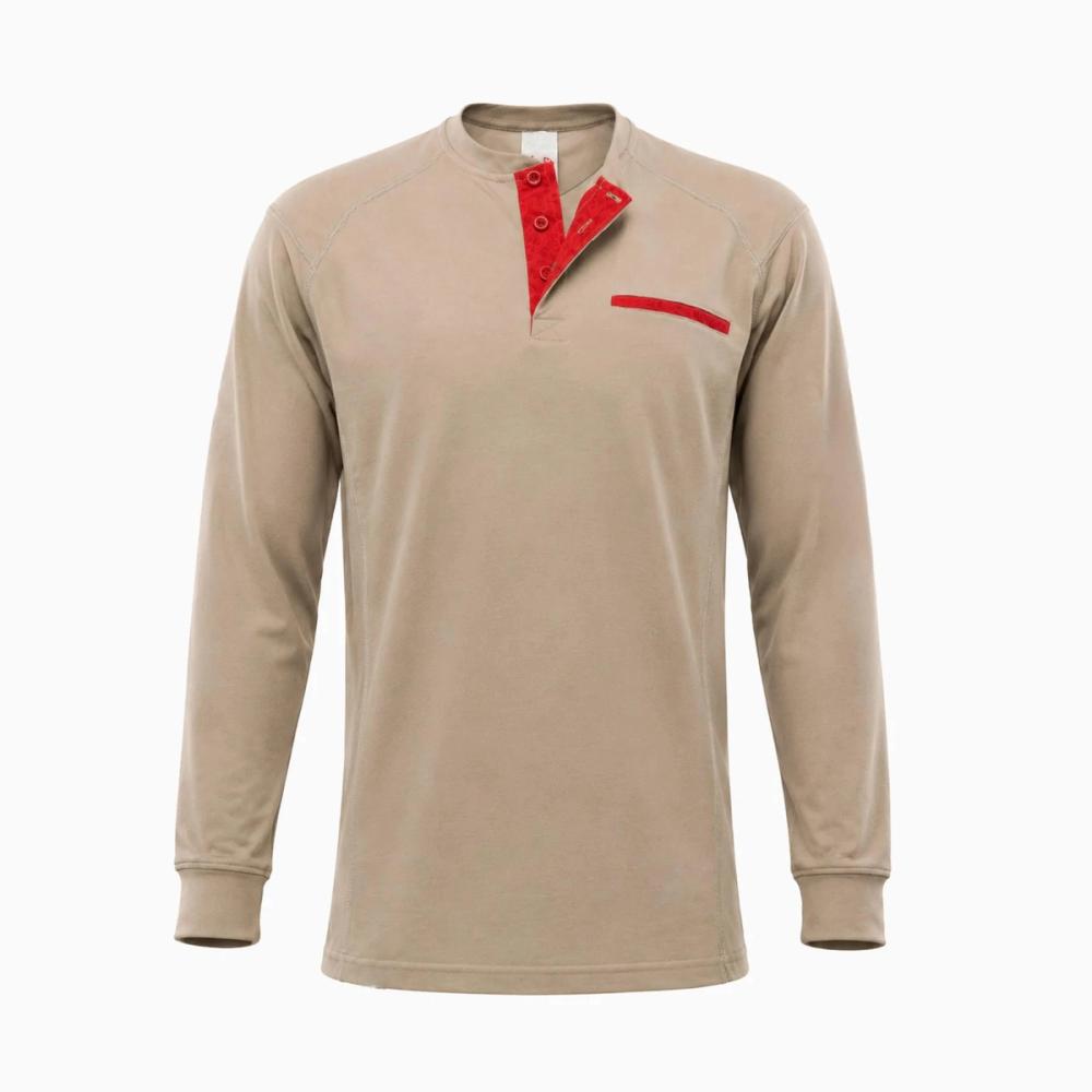 long-sleeve FR tee in khaki with red contrast trim, front view, manufactured by Abeeha Leather Industry