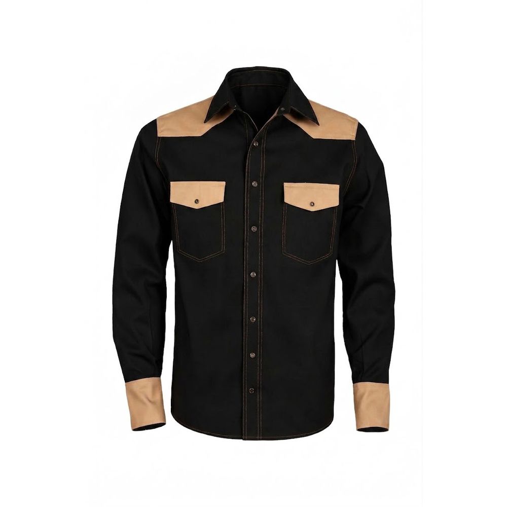 men's FR shirt in black with a tan colour-block yoke and pockets, front view, manufactured by Abeeha Leather Industry