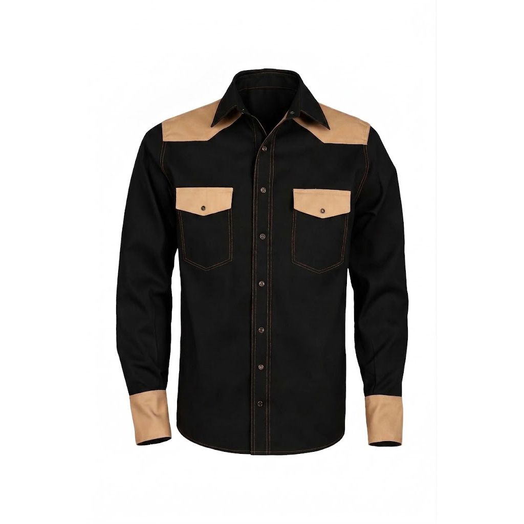 men's FR shirt in black with a tan colour-block yoke and pockets, front view, manufactured by Abeeha Leather Industry