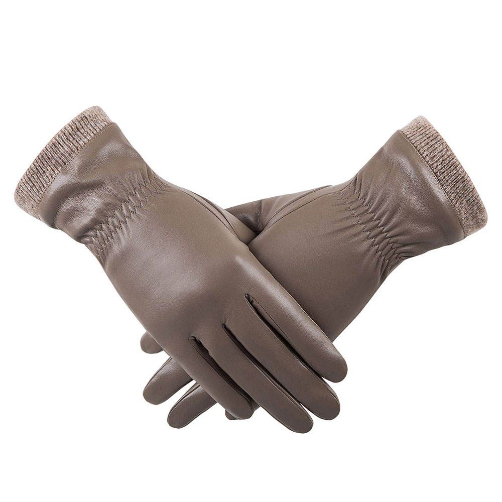 women's leather gloves in taupe with a ribbed knit cuff, additional view 2, manufactured by Abeeha Leather Industry