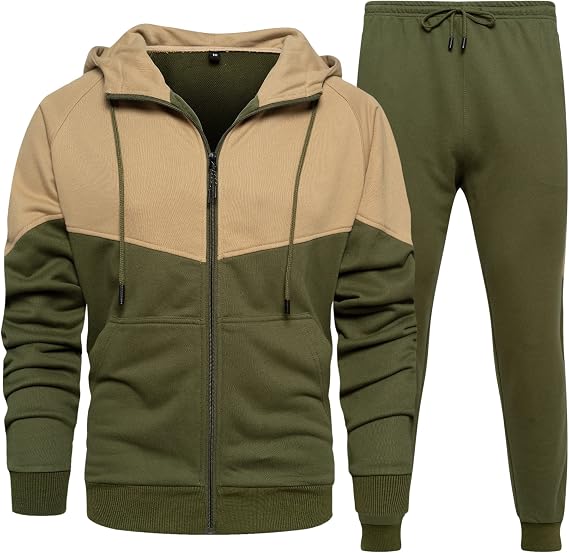 two-piece hooded tracksuit in olive and tan, front view, manufactured by Abeeha Leather Industry