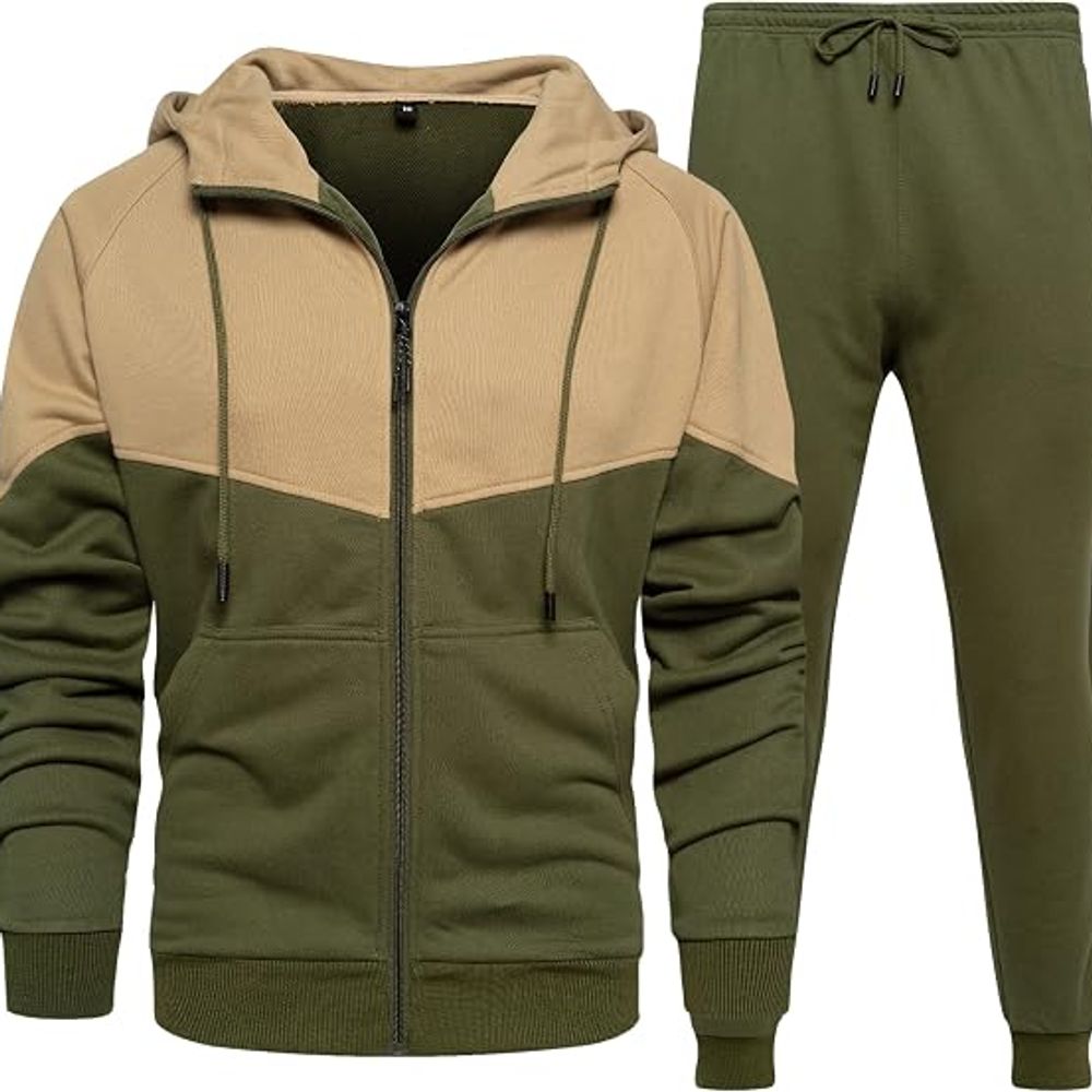 two-piece hooded tracksuit in olive and tan, front view, manufactured by Abeeha Leather Industry