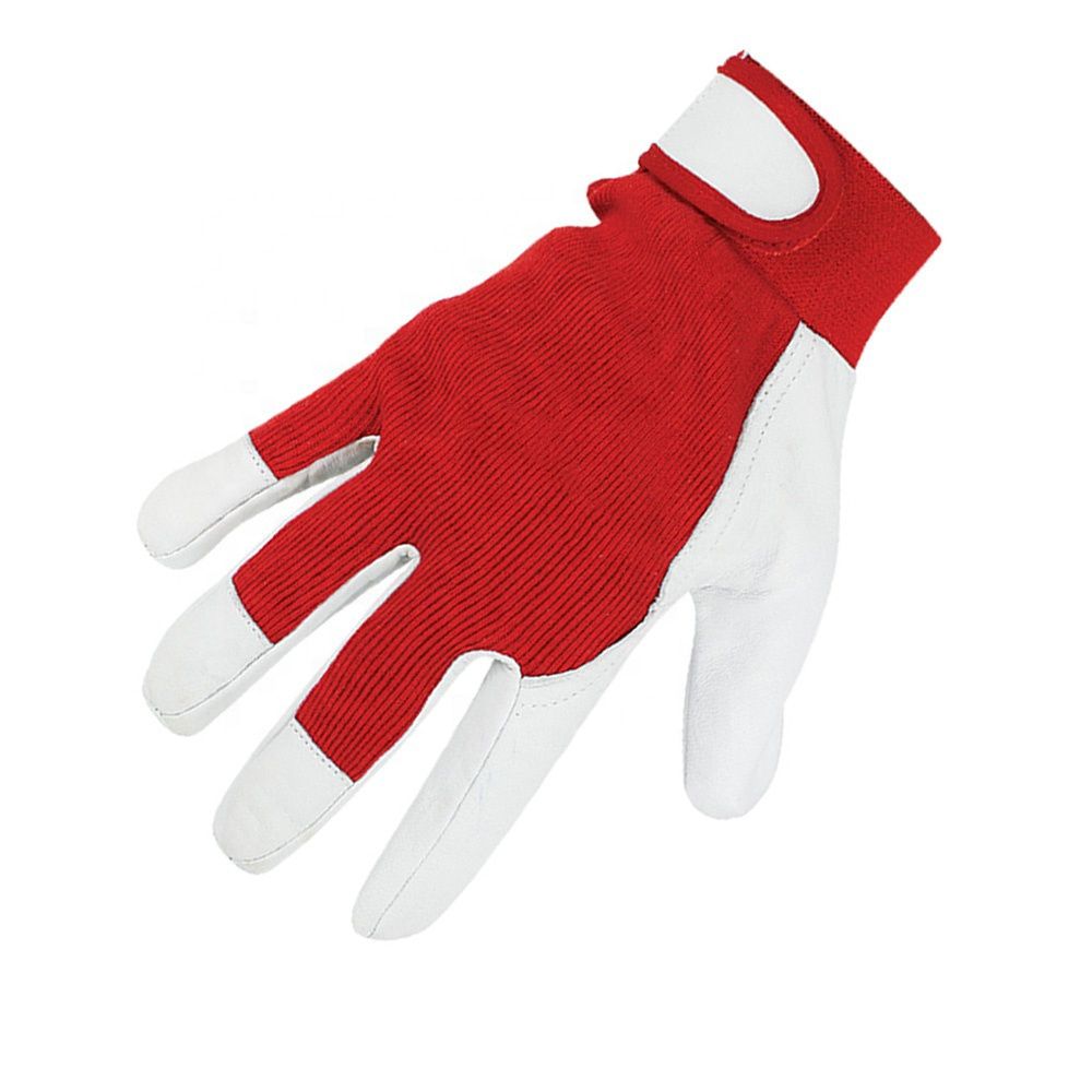 mechanic gloves in white leather-look with a red knit back, additional view 3, manufactured by Abeeha Leather Industry