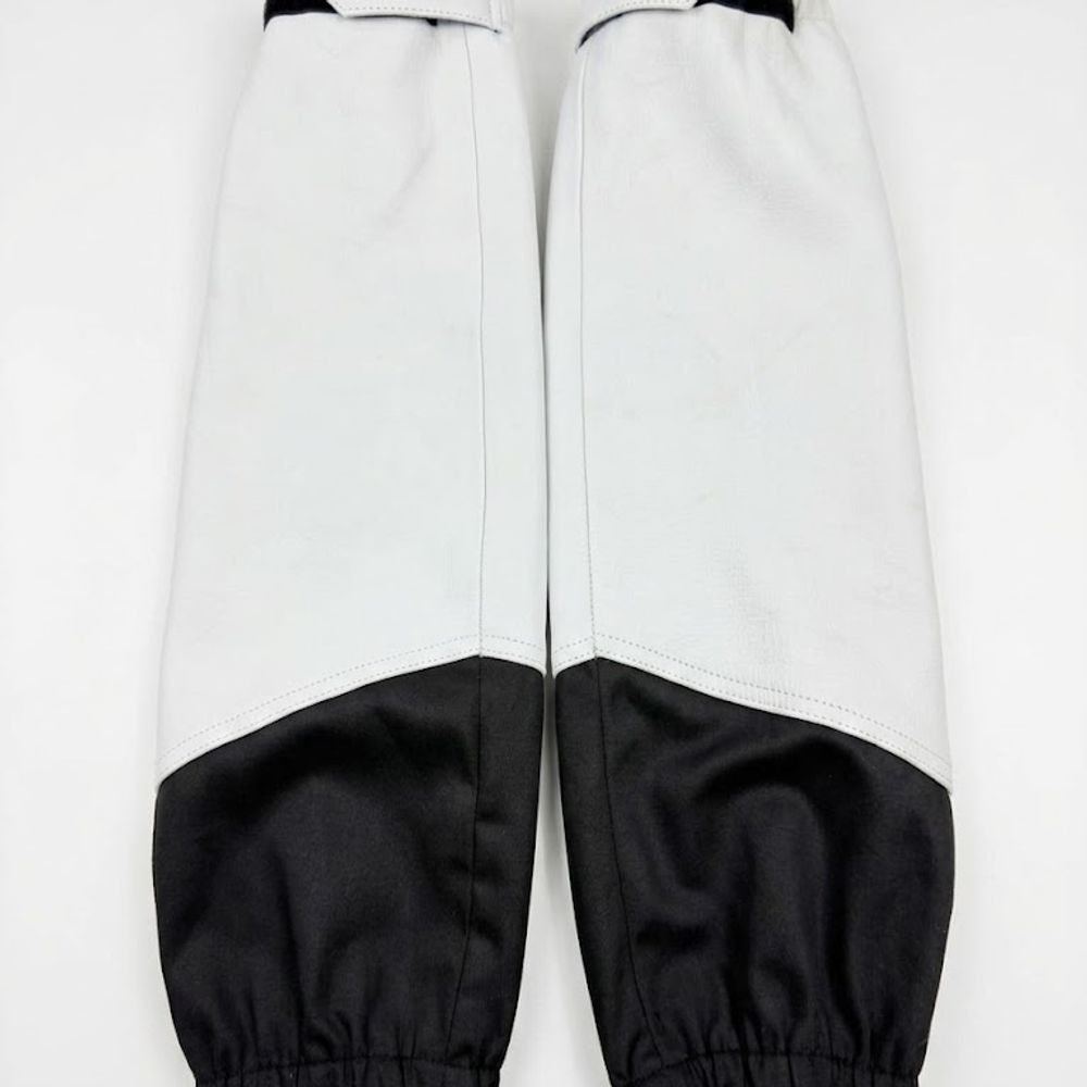 leather arm sleeves in white leather with a black elastic cuff, front view, manufactured by Abeeha Leather Industry