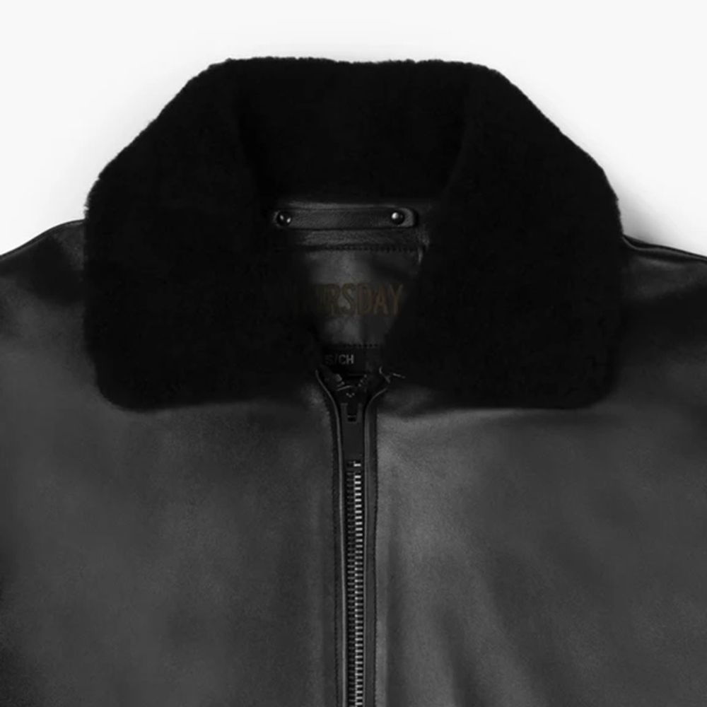 men's leather flight jacket in black with a shearling-look collar, additional view 4, manufactured by Abeeha Leather Industry