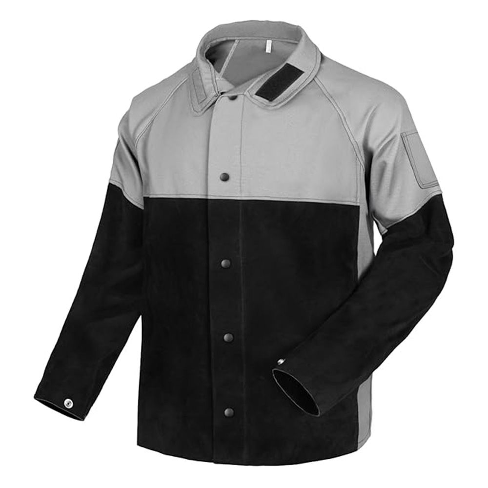 welding jacket in black leather with a storm collar, front view, manufactured by Abeeha Leather Industry