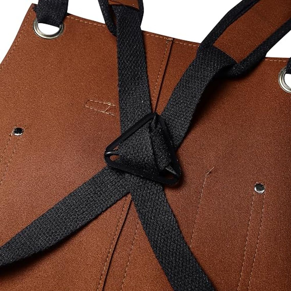 leather work apron in brown with multiple tool pockets, additional view 3, manufactured by Abeeha Leather Industry