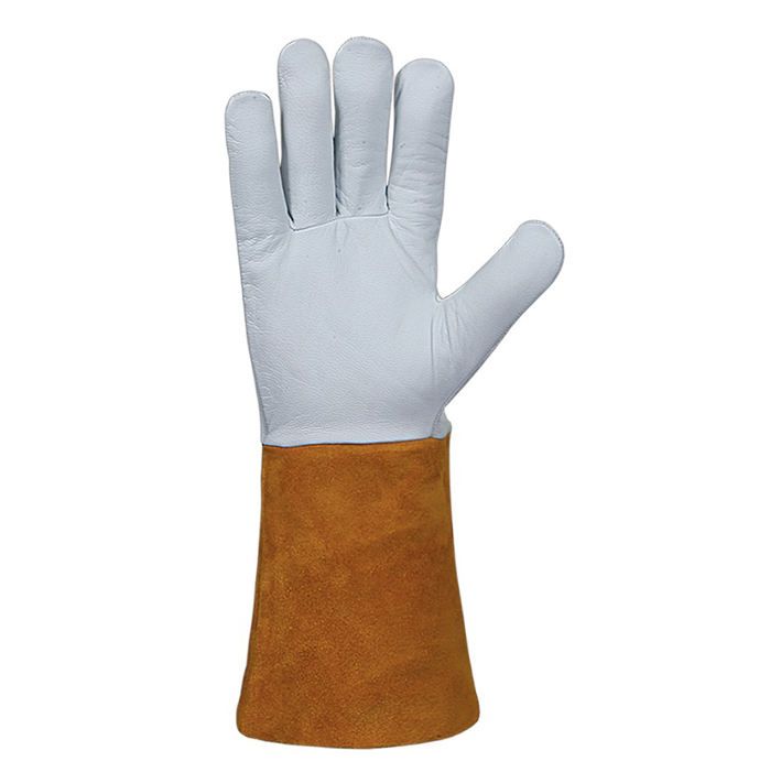 TIG welding gloves in white grain leather with a tan split-leather cuff, additional view 2, manufactured by Abeeha Leather Industry