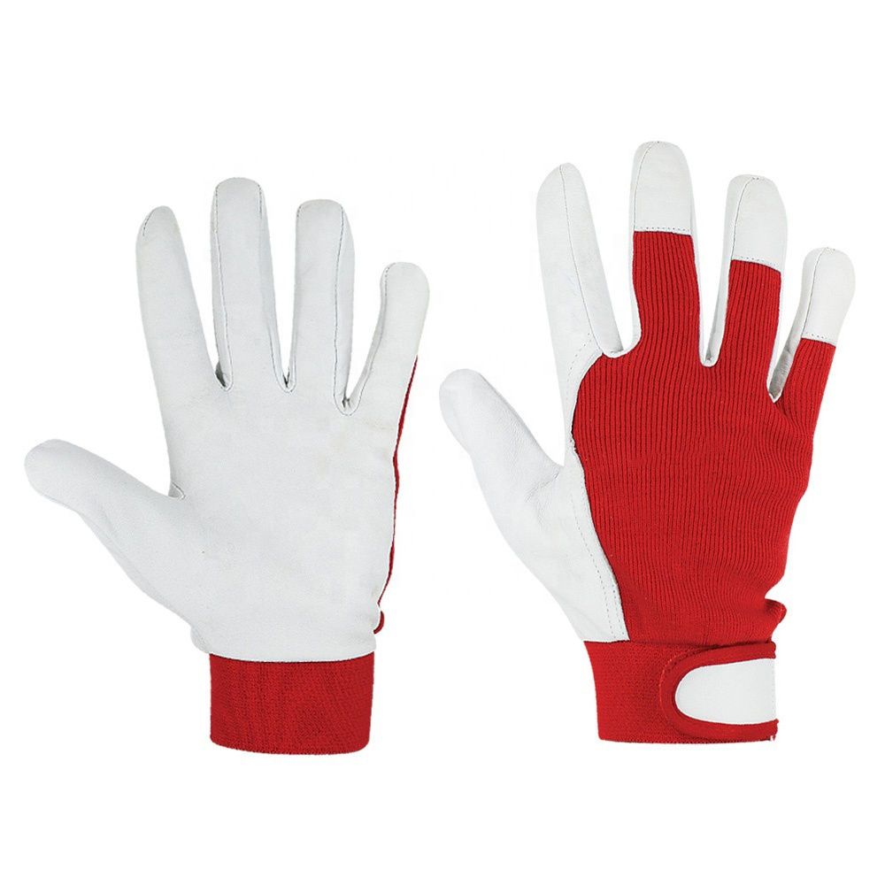 mechanic gloves in white leather-look with a red knit back, front view, manufactured by Abeeha Leather Industry