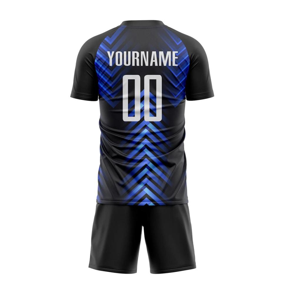 sublimated football kit in black and blue chevron, additional view 3, manufactured by Abeeha Leather Industry