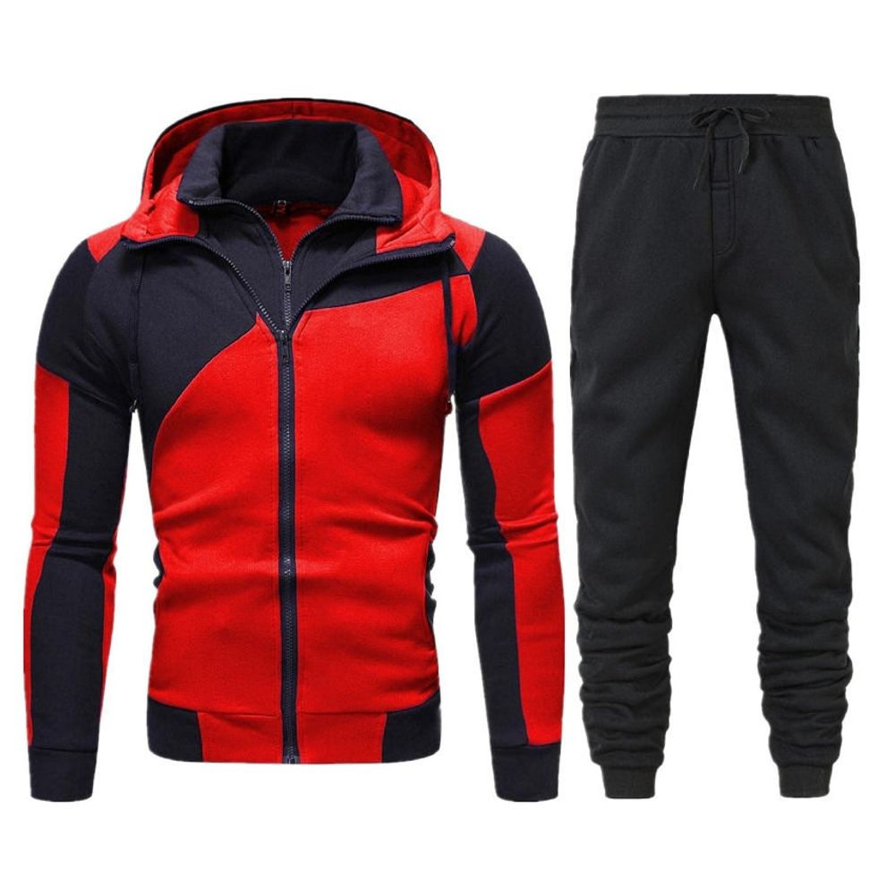 two-piece hooded tracksuit in red and black, front view, manufactured by Abeeha Leather Industry