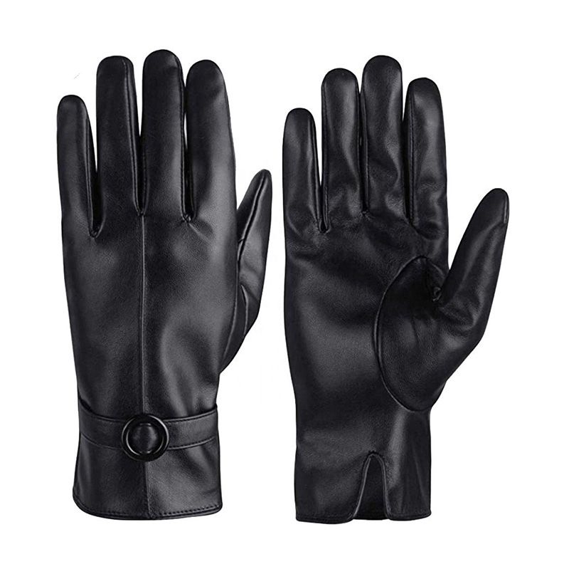 men's leather dress gloves in black with a strap buckle, front view, manufactured by Abeeha Leather Industry
