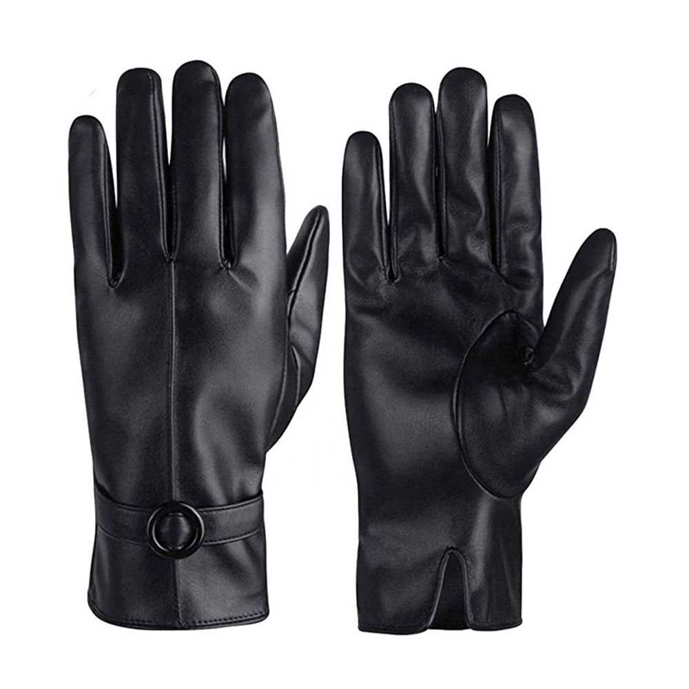 men's leather dress gloves in black with a strap buckle, front view, manufactured by Abeeha Leather Industry