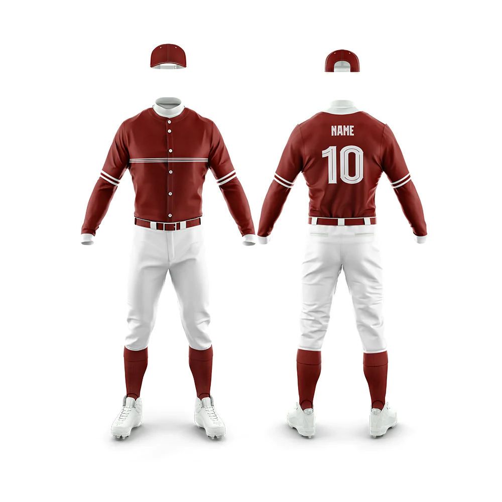 sublimated baseball uniform in maroon and white, front view, manufactured by Abeeha Leather Industry
