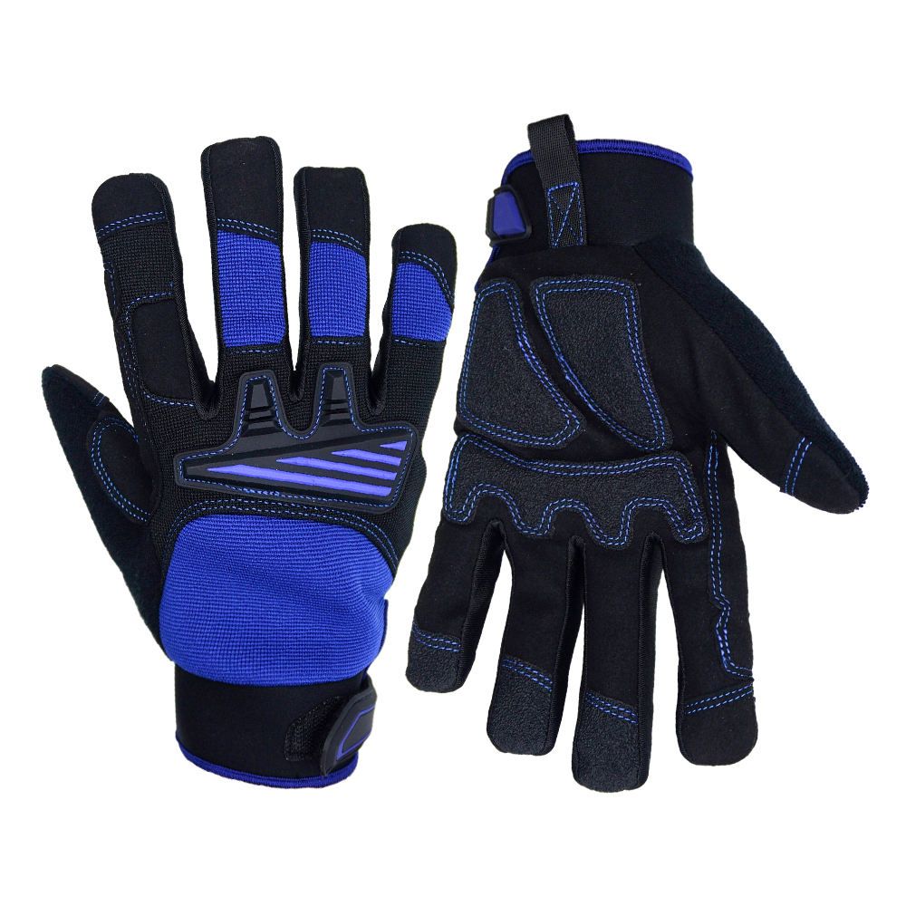 impact mechanic gloves in blue and black synthetic with a ridged knuckle guard, front view, manufactured by Abeeha Leather Industry