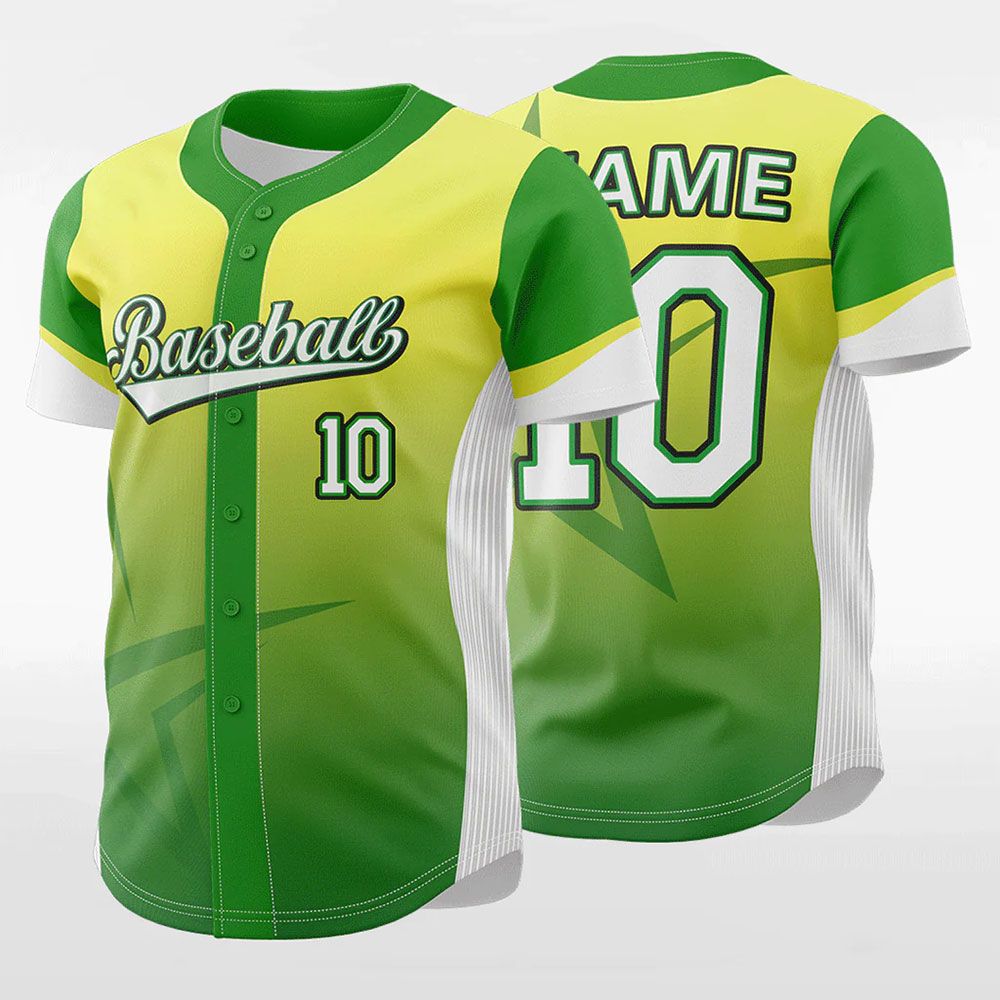 sublimated baseball jersey in green and yellow gradient, front view, manufactured by Abeeha Leather Industry