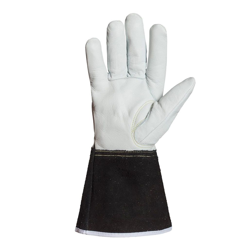 TIG welding gloves in white grain leather with a black split-leather cuff, additional view 3, manufactured by Abeeha Leather Industry