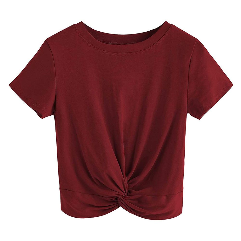 women's twist-front crop tee in burgundy, front view, manufactured by Abeeha Leather Industry