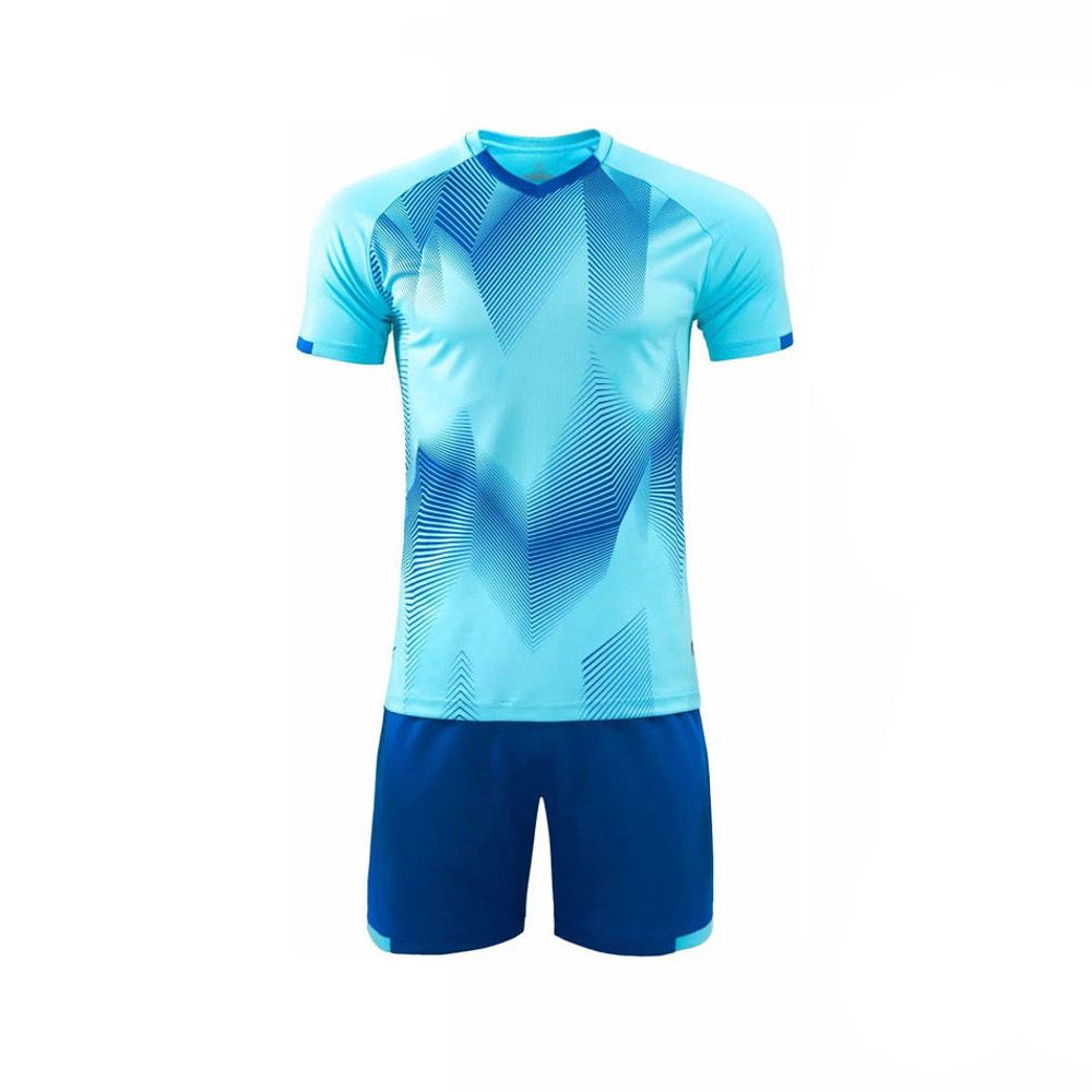 sublimated football kit in teal and blue geometric, additional view 2, manufactured by Abeeha Leather Industry