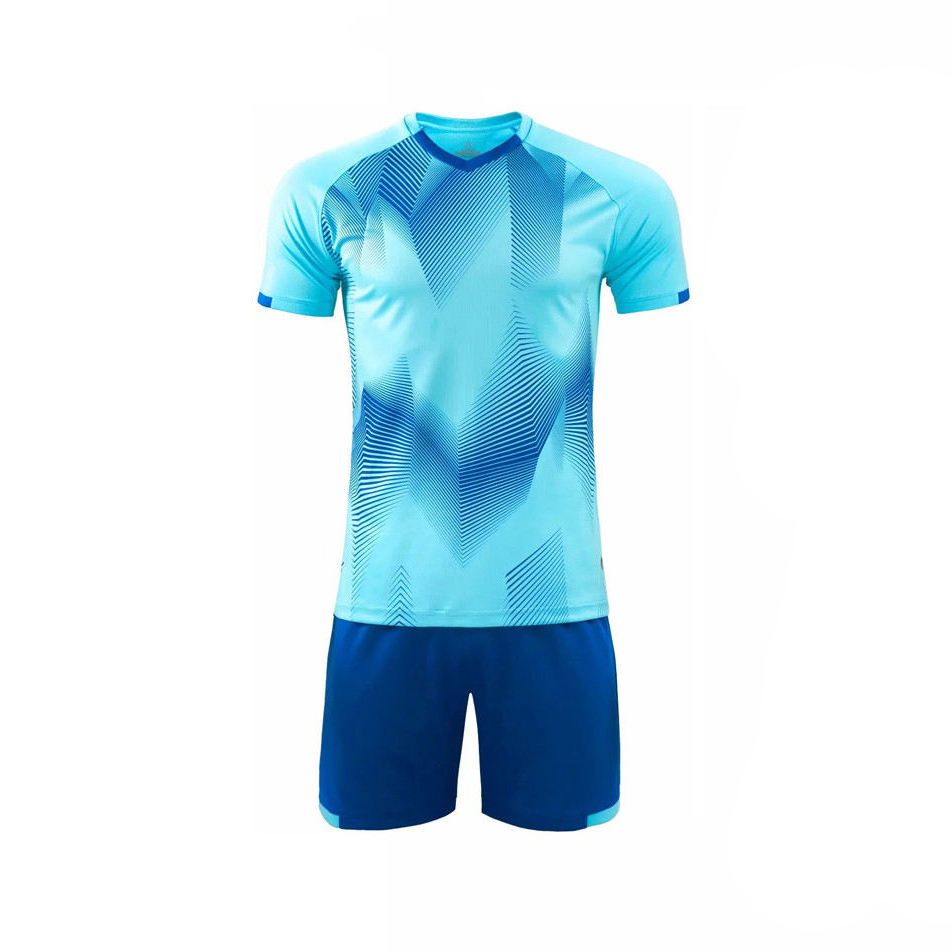 sublimated football kit in teal and blue geometric, additional view 2, manufactured by Abeeha Leather Industry