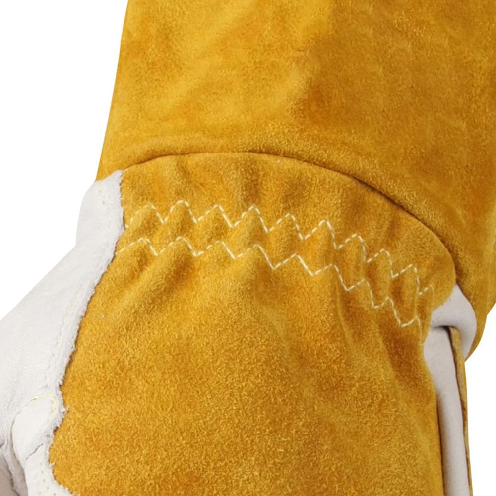 MIG welding gauntlet gloves in gold split leather with a reinforced palm, additional view 3, manufactured by Abeeha Leather Industry