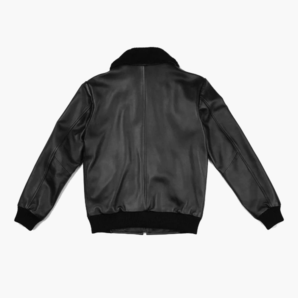 men's leather flight jacket in black with a shearling-look collar, additional view 2, manufactured by Abeeha Leather Industry