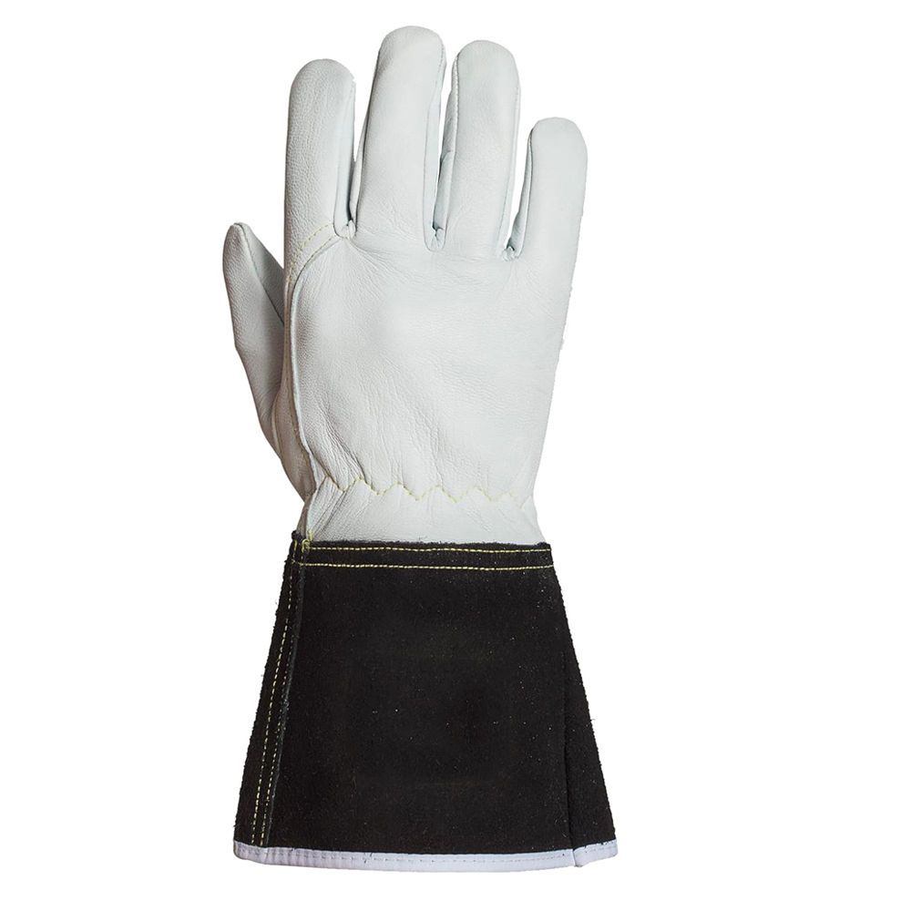 TIG welding gloves in white grain leather with a black split-leather cuff, additional view 2, manufactured by Abeeha Leather Industry