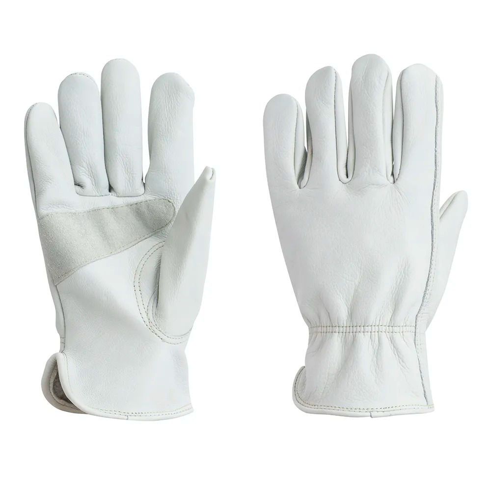 driver gloves in white grain leather with a tonal reinforcement patch, front view, manufactured by Abeeha Leather Industry