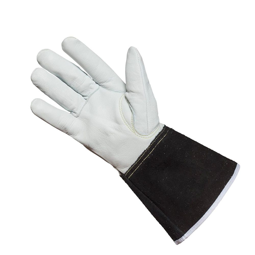 TIG welding gloves in white grain leather with a black split-leather cuff, additional view 6, manufactured by Abeeha Leather Industry