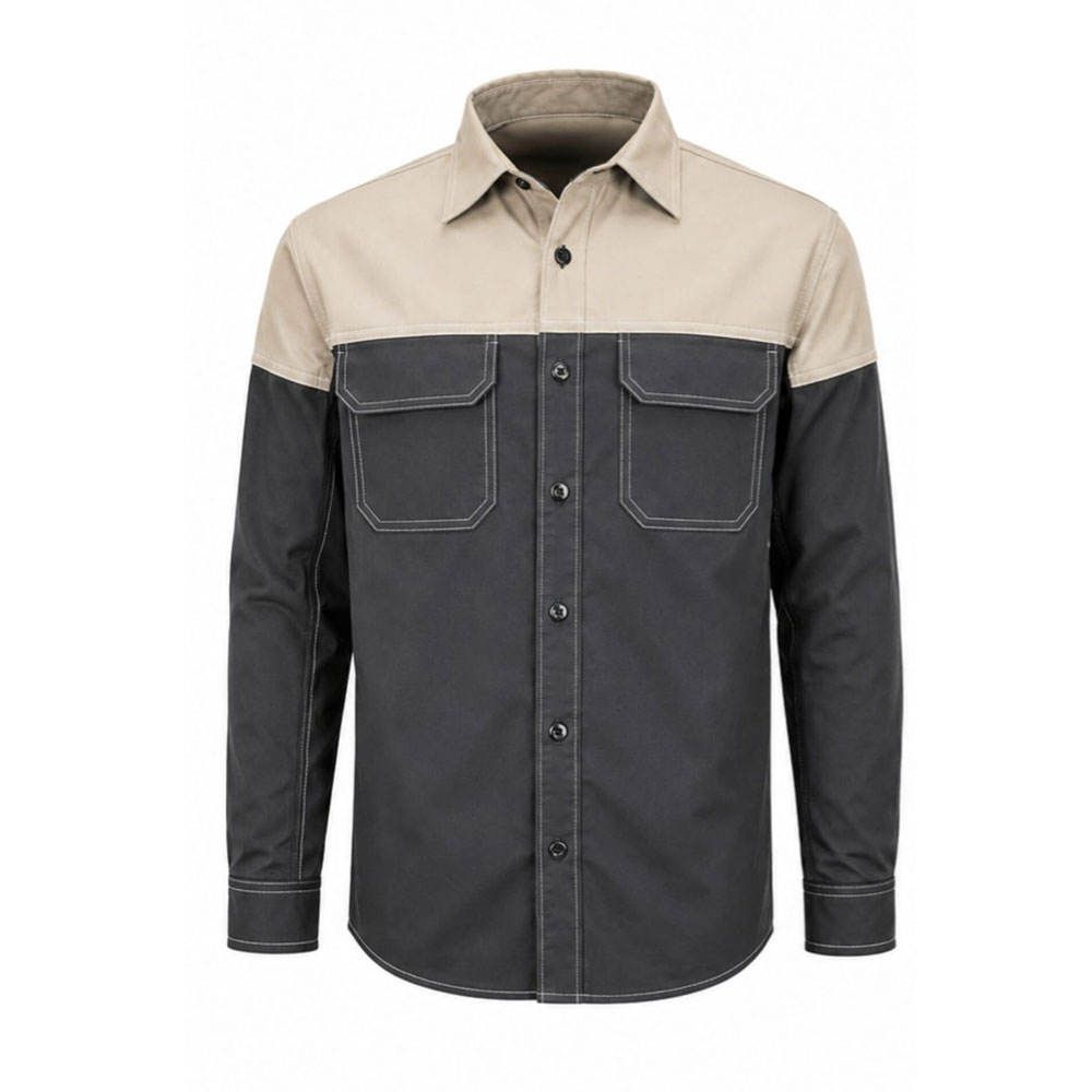 men's FR shirt in black with a red skull-print contrast lining, front view, manufactured by Abeeha Leather Industry