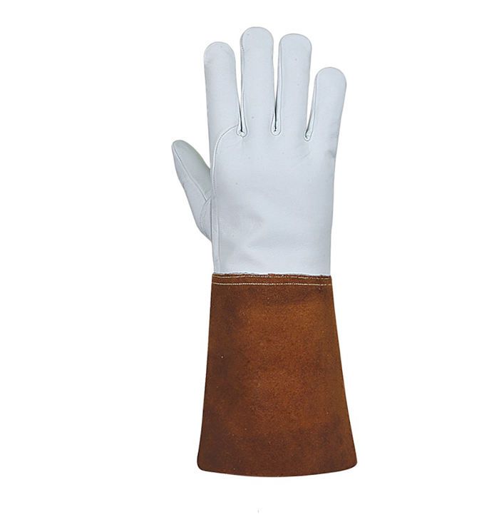 TIG welding gloves in white grain leather with a rust-brown split-leather cuff, additional view 2, manufactured by Abeeha Leather Industry