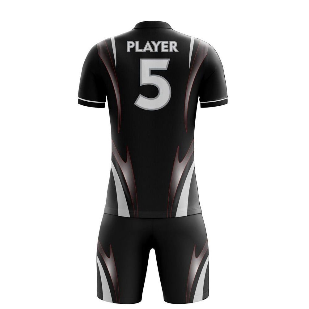 sublimated football kit in black, white and red streak, additional view 3, manufactured by Abeeha Leather Industry