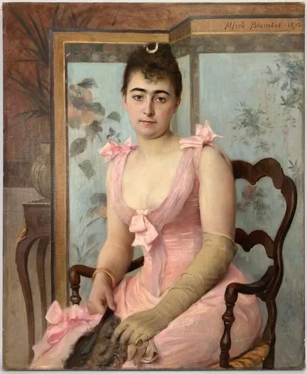 Woman in pink dress, bramrot portrait painting