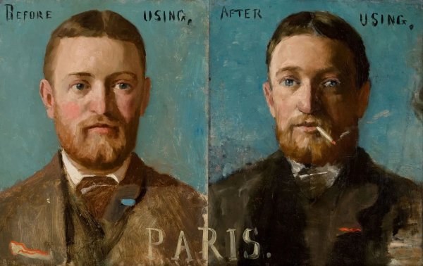 Student painting self portrait before and after "using"
