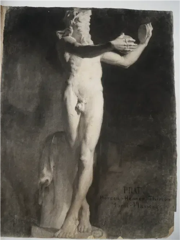 Painting of woman looking at drawing