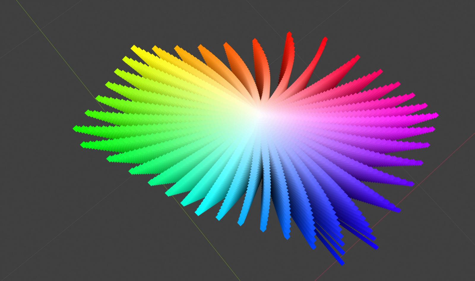 A three-dimensional color space seen at an angle, its hues fanning out from a white center into separated blades of green, cyan, blue, magenta, red and yellow.