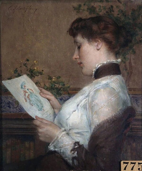Painting of woman looking at drawing