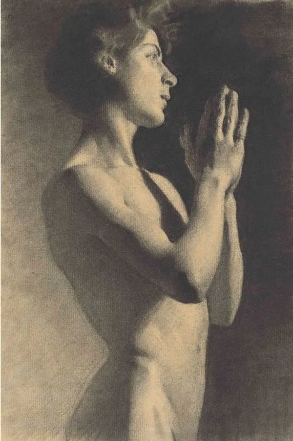 Academic Drawing Half Figure Man holding hands in prayer position John Singer Sargent