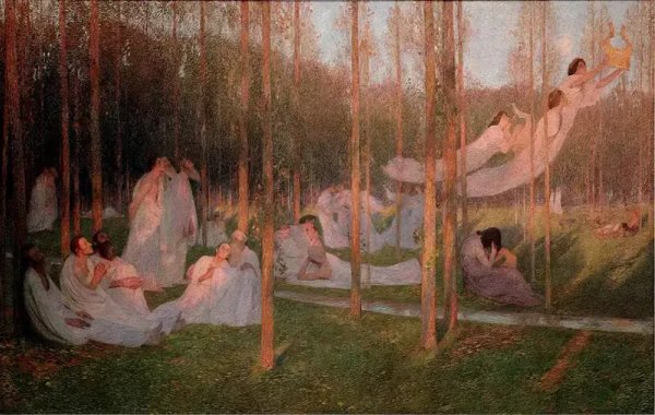 Painting of souls being guided by angels, Henri Martin, Serenite