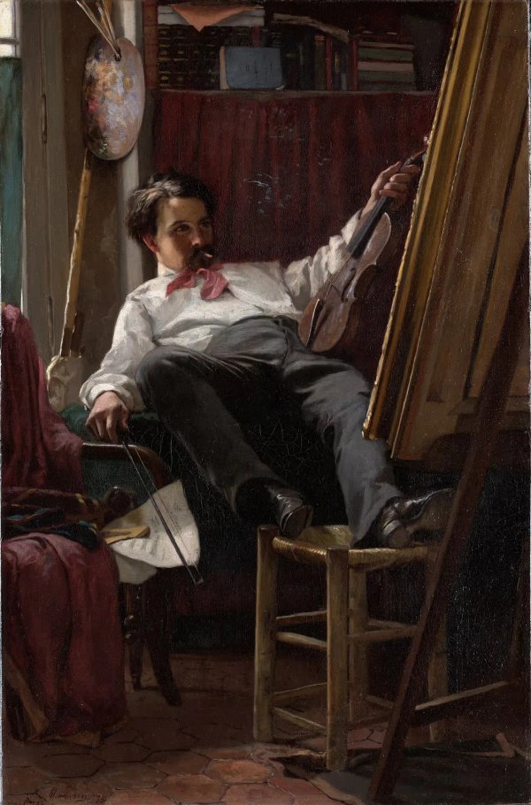 Drunken painter slumped over at easel