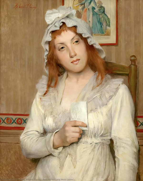 Red headed woman clutching leter to chest painting