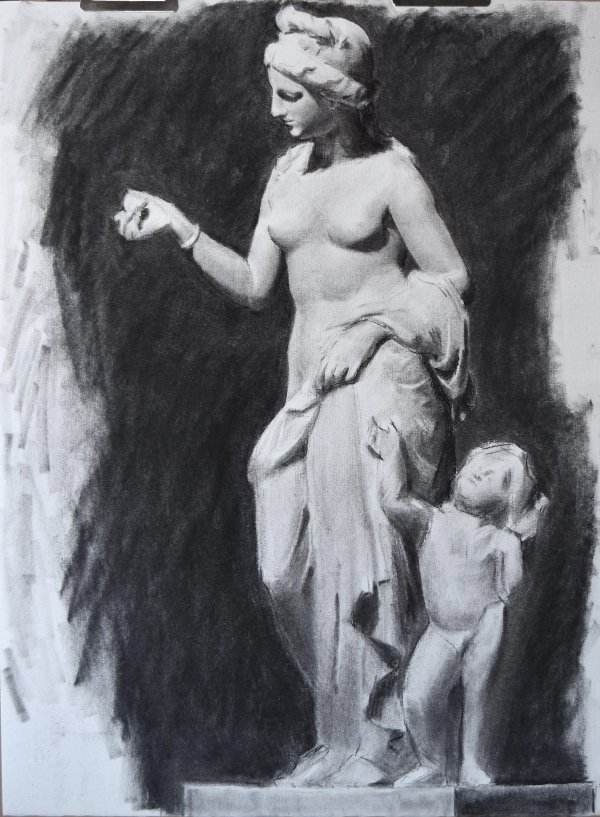 Charcoal figure study of a draped classical figure from the author’s first year.