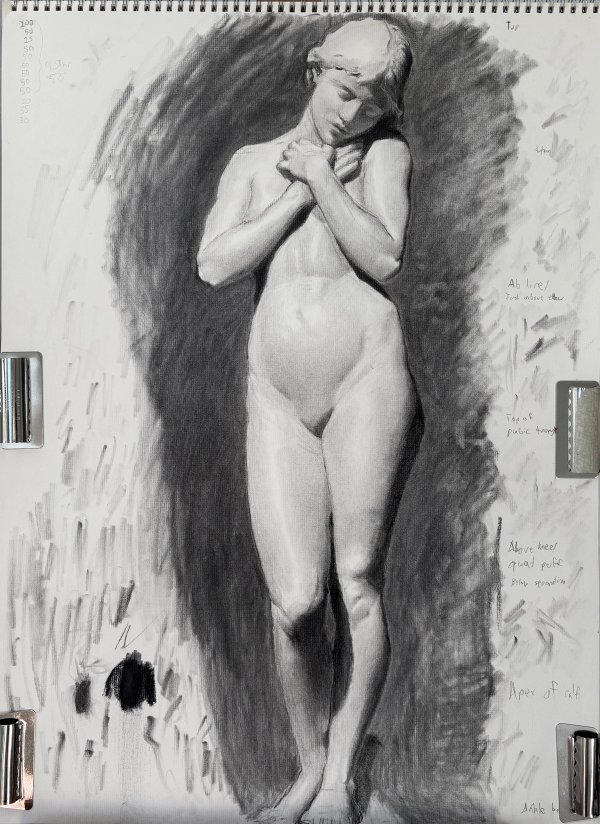 Charcoal figure study of a standing figure against a dark ground.