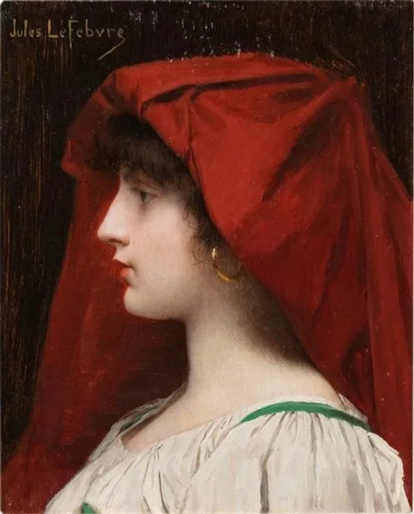 Portrait painting of woman in red headdress Joseph Lefebvre