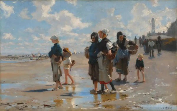 Women walking on beach, painting by john singer sargent, en route por le peche