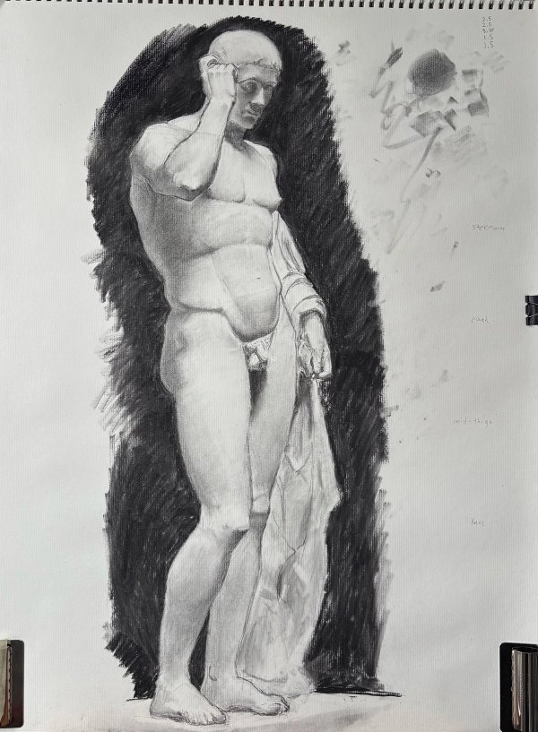 Charcoal drawing of a standing male cast against a dark background, one hand raised to the head.