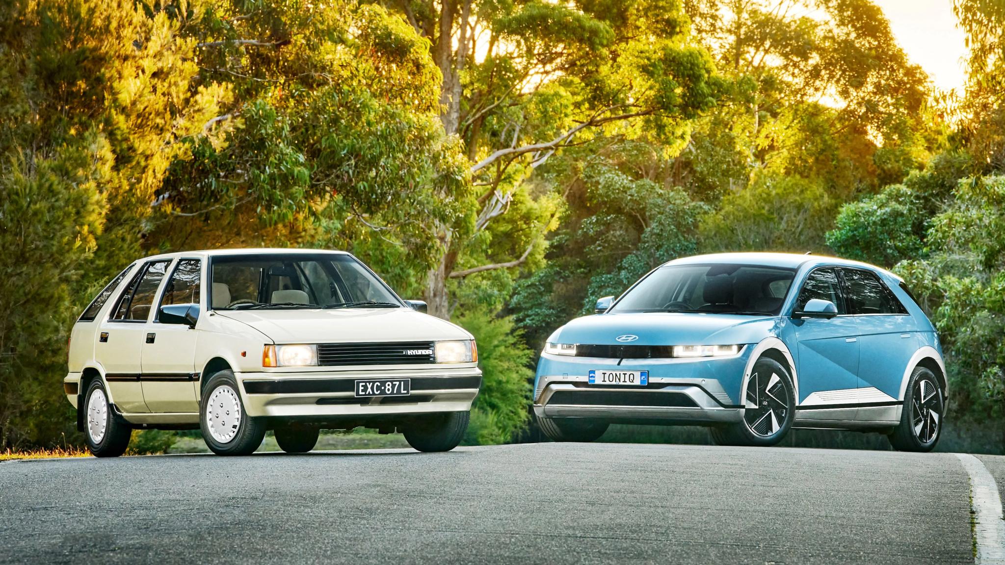 Hyundai Australia 40th anniversary with the original Excel hatchback alongside the IONIQ 5 and IONIQ 6 electric vehicles