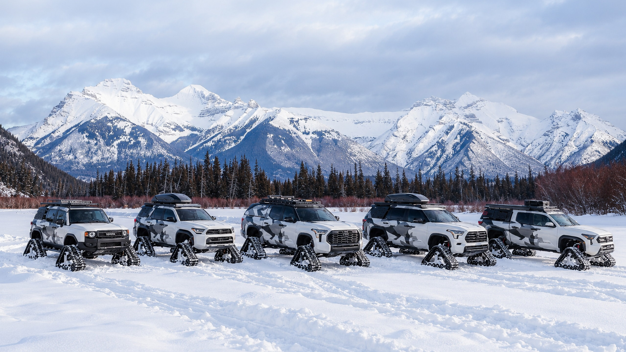 Toyota Snowhunter concept on white snow tracks with a roof-mounted ski rack