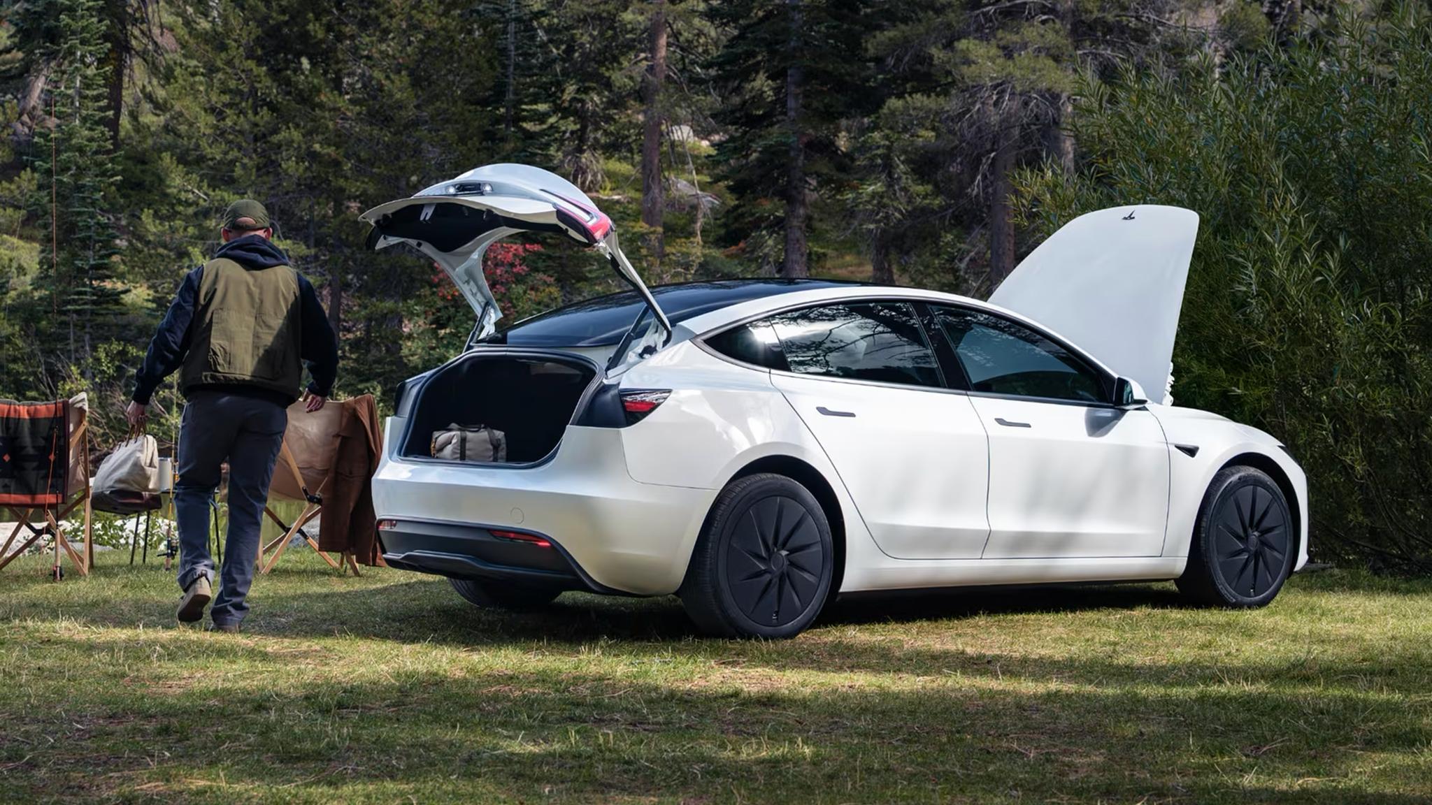 2027 Tesla Model 3 RWD electric sedan camping