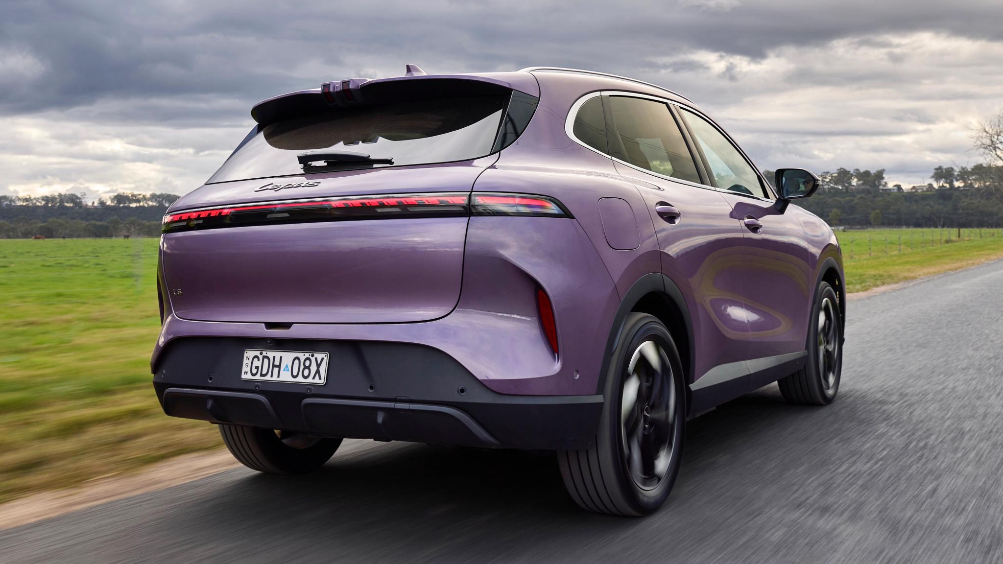 Crimson Purple Lepas L6 electric SUV rear three-quarter view